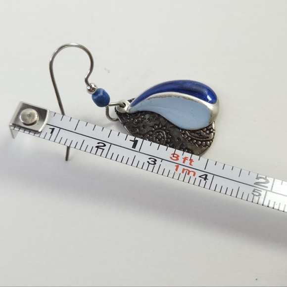 Silver Etched Floral & Metallic Blue Swirl Layered Dangle Earrings - Picture 10 of 10